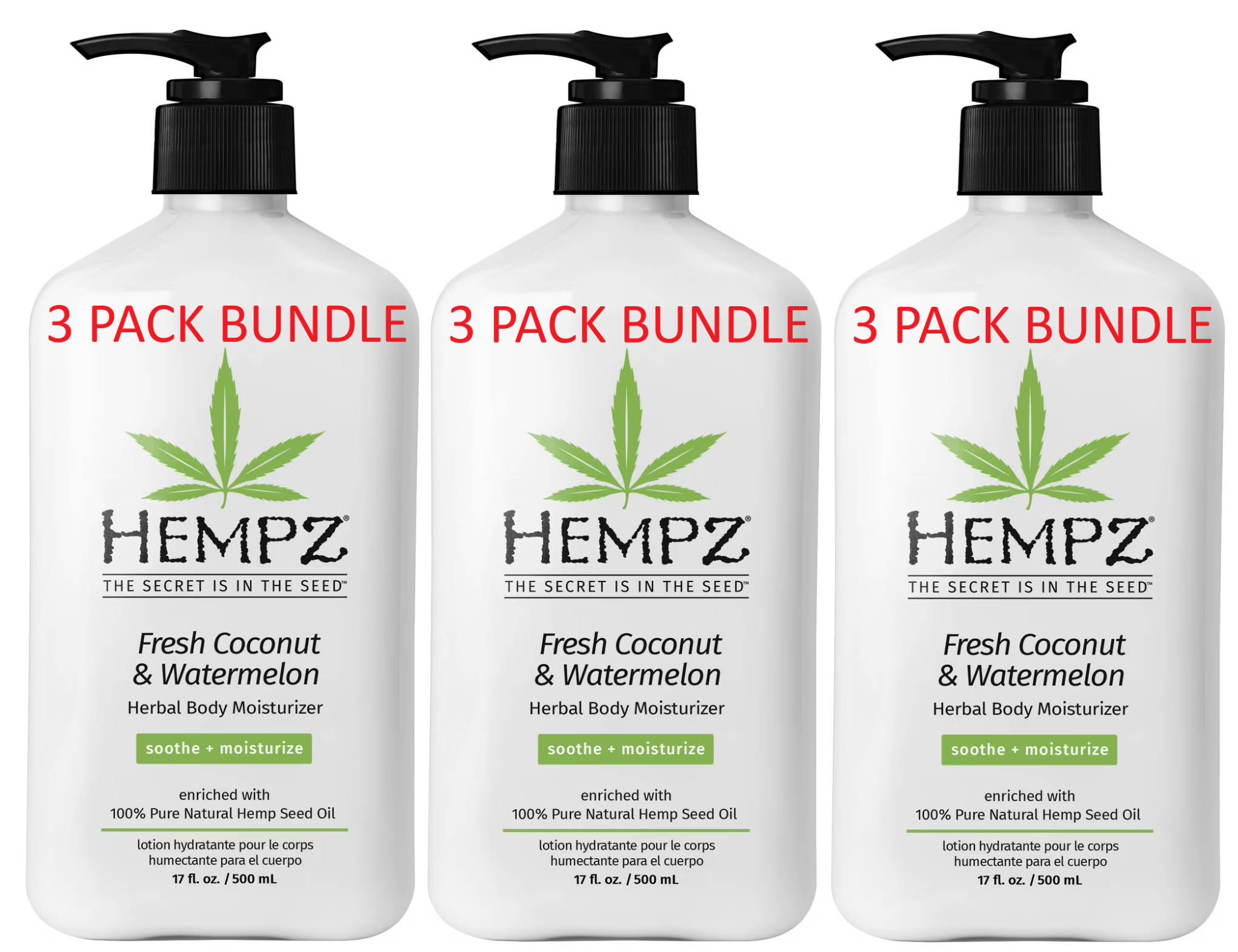 3-Pack Bundle | Hempz Herbal Moisturizer | 17 fl oz | Fresh Coconut & Watermelon
